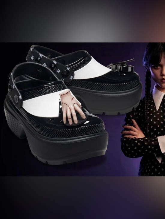CROCS Shoes - NWT Crocs X Wednesday Addams Stomp Clog Woman’s Size 7 - Thing & Chello Jibbitz